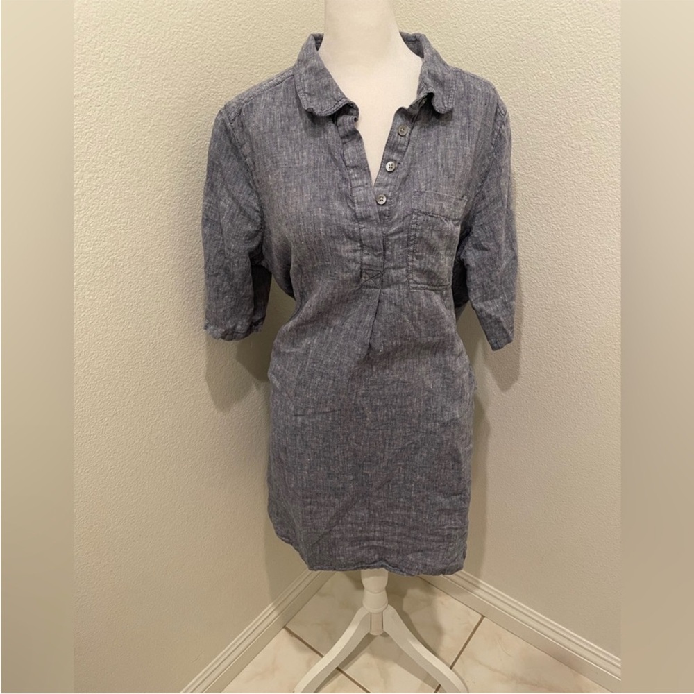 Caslon 100% Linen Tunic Top Petite Large Blue Half Button w/ Pockets
